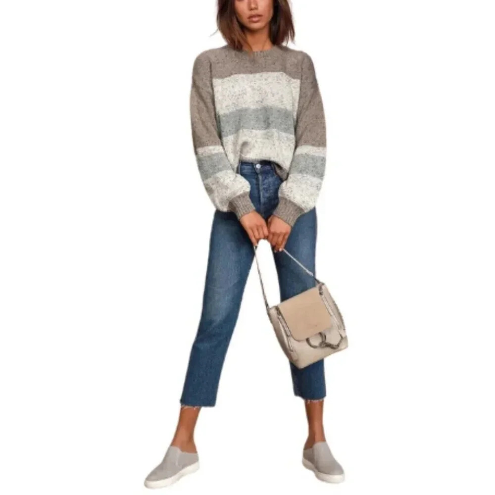 Lulus Womens  M Snuggle Season Grey Multi Striped Balloon Sleeve Sweater